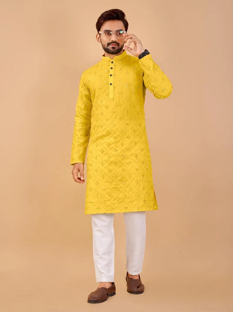 Embroidery Mirror Work Men's Kurta Pajama Set