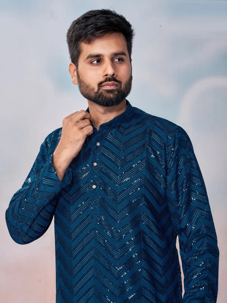 Heavy Rayon Chikan Work Kurta Pajama Set For Men's