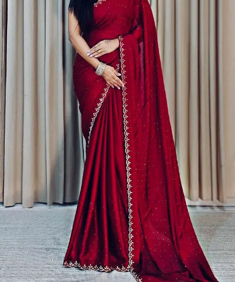 Traditional Wedding Pure Soft Satin Chiffon Saree,Stylish Sari And Blouse