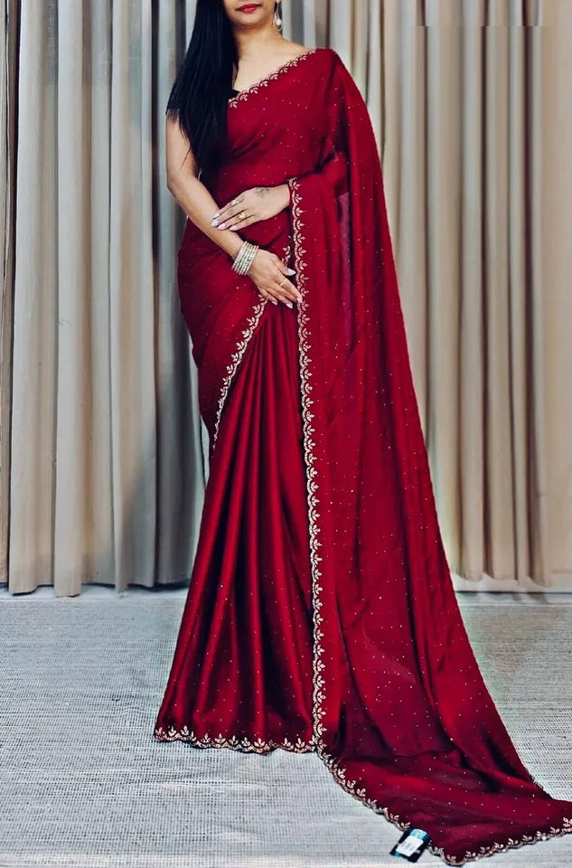 Traditional Wedding Pure Soft Satin Chiffon Saree,Stylish Sari And Blouse
