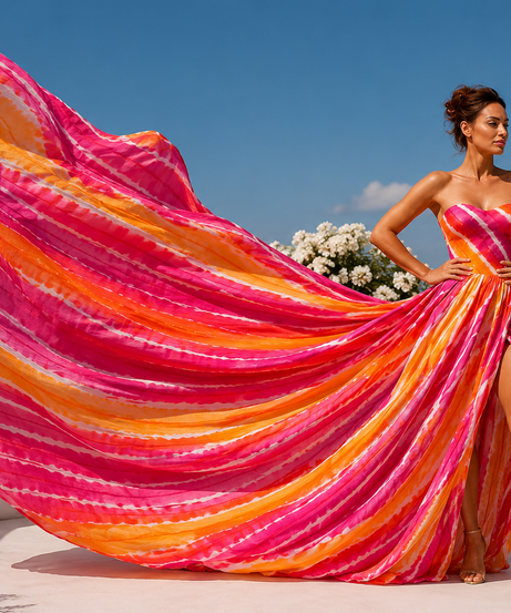 Fashion Women's Strapless Colorful Maxi Dress with Statement Flowing Train