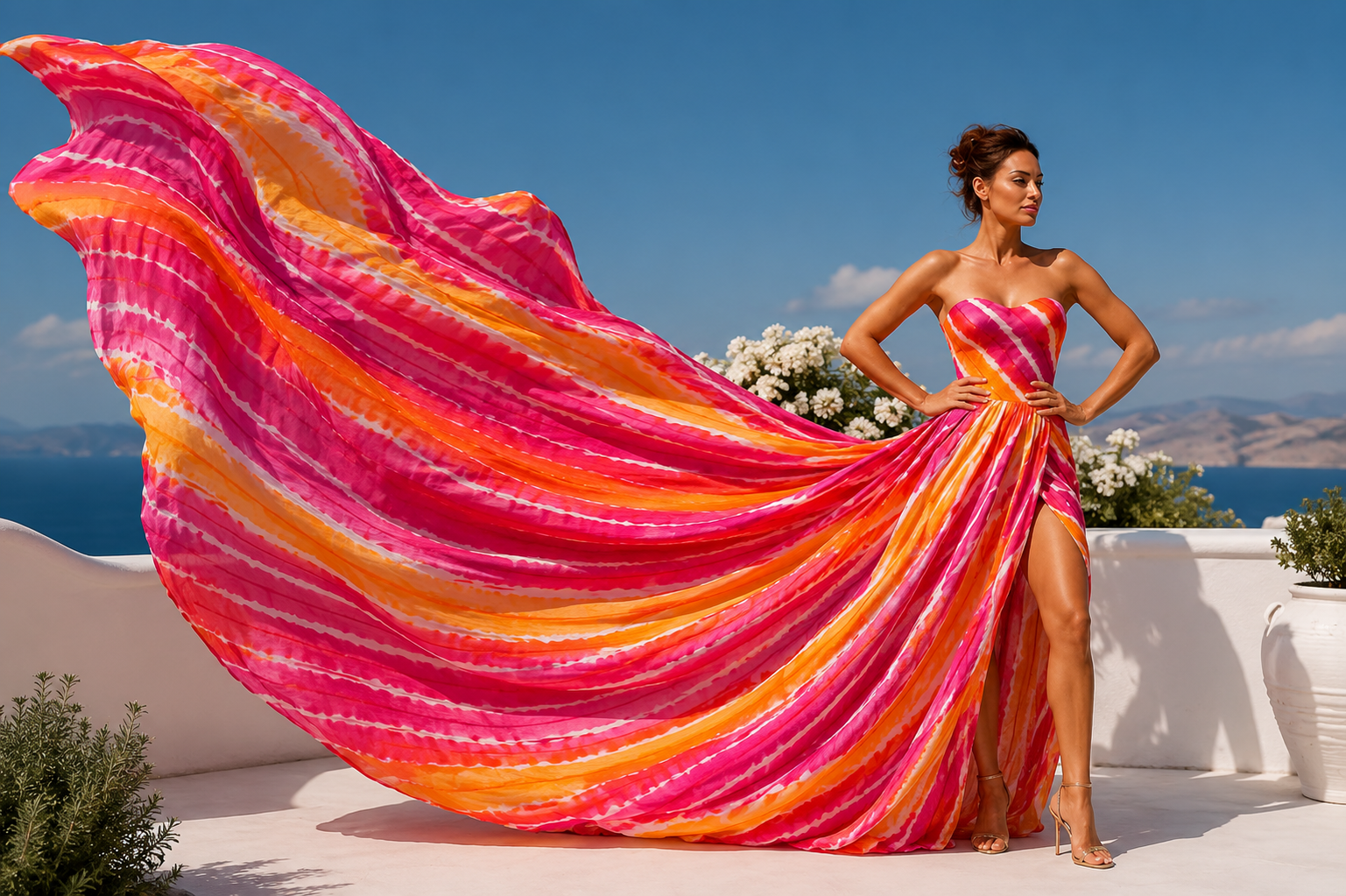 Fashion Women's Strapless Colorful Maxi Dress with Statement Flowing Train
