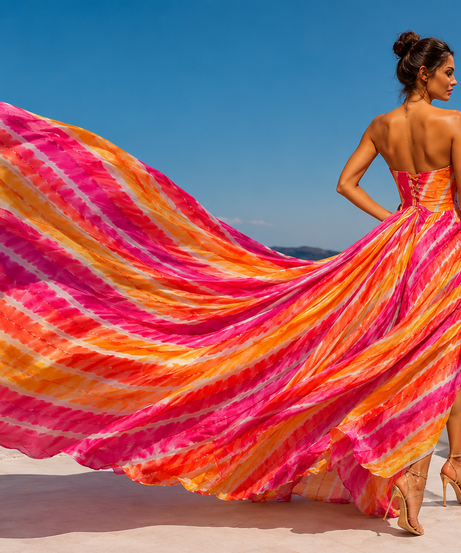 Fashion Women's Strapless Colorful Maxi Dress with Statement Flowing Train