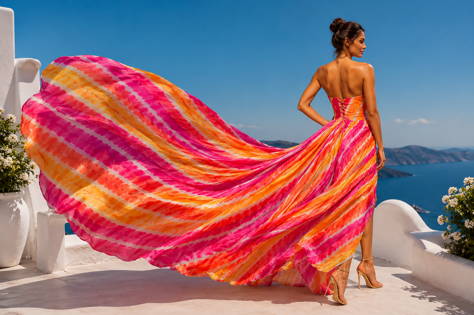 Fashion Women's Strapless Colorful Maxi Dress with Statement Flowing Train