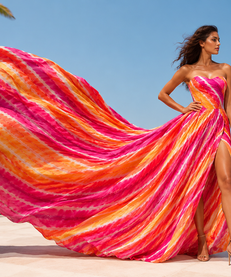 Fashion Women's Strapless Colorful Maxi Dress with Statement Flowing Train