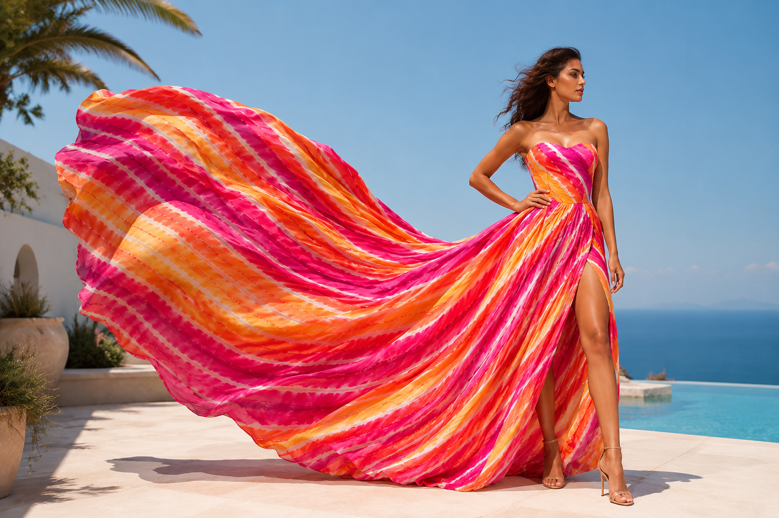 Fashion Women's Strapless Colorful Maxi Dress with Statement Flowing Train