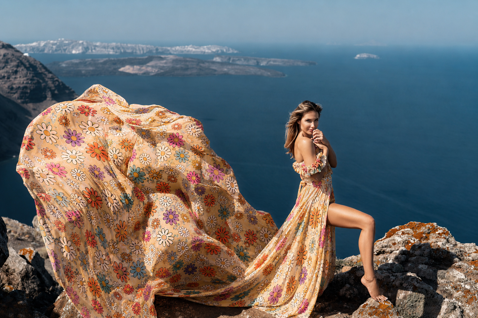 Women's Floral Print Long Dress Flowy Vacation Maxi Dress with Elegant Train