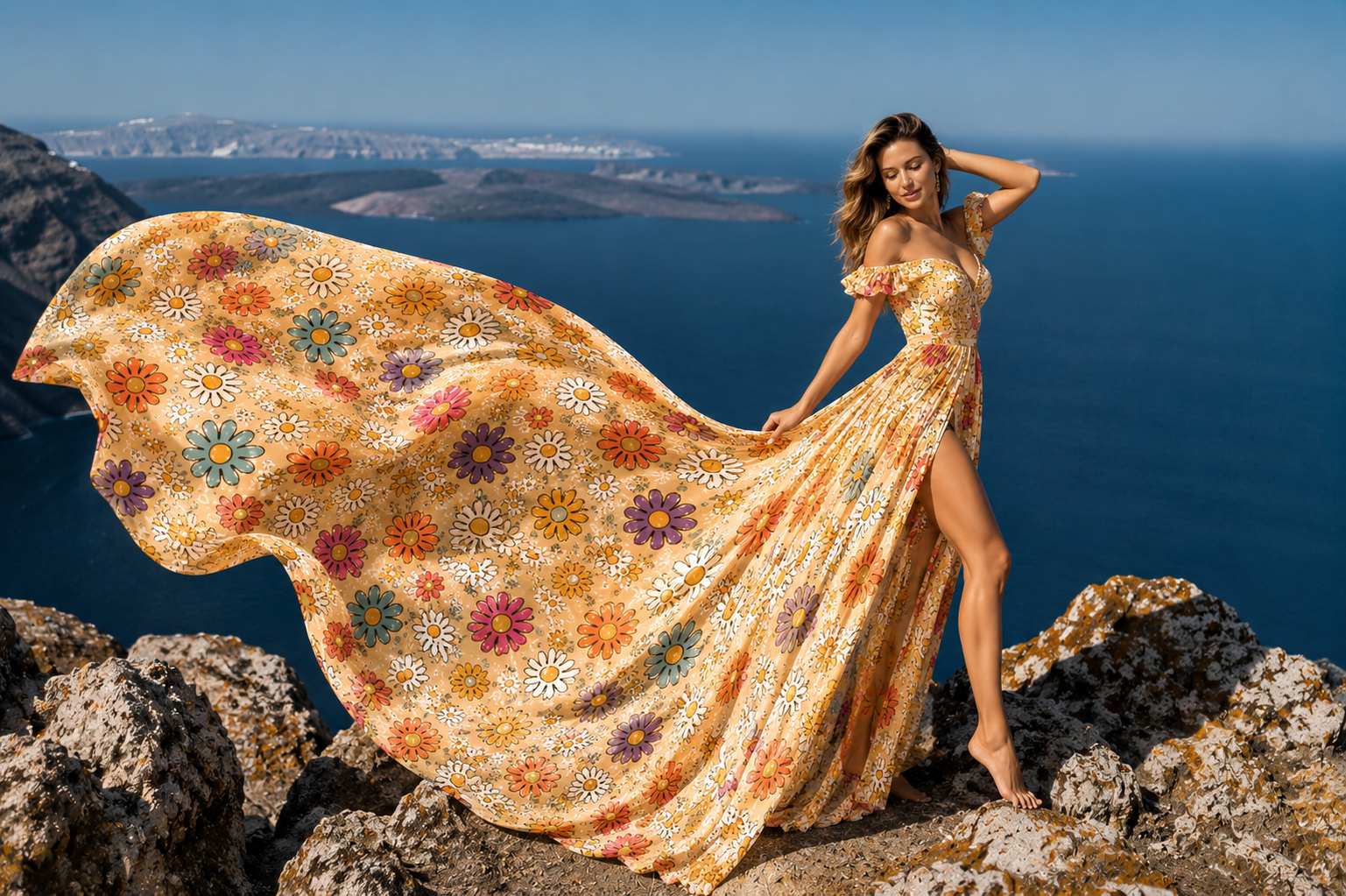 Women's Floral Print Long Dress Flowy Vacation Maxi Dress with Elegant Train