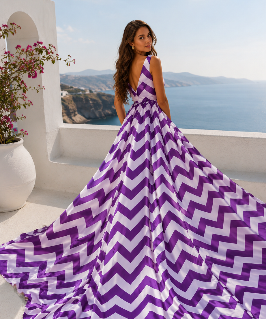 Women's Chevron Print Flowy Maxi Dress Sleeveless Beach Vacation Resort Gown with Long Train