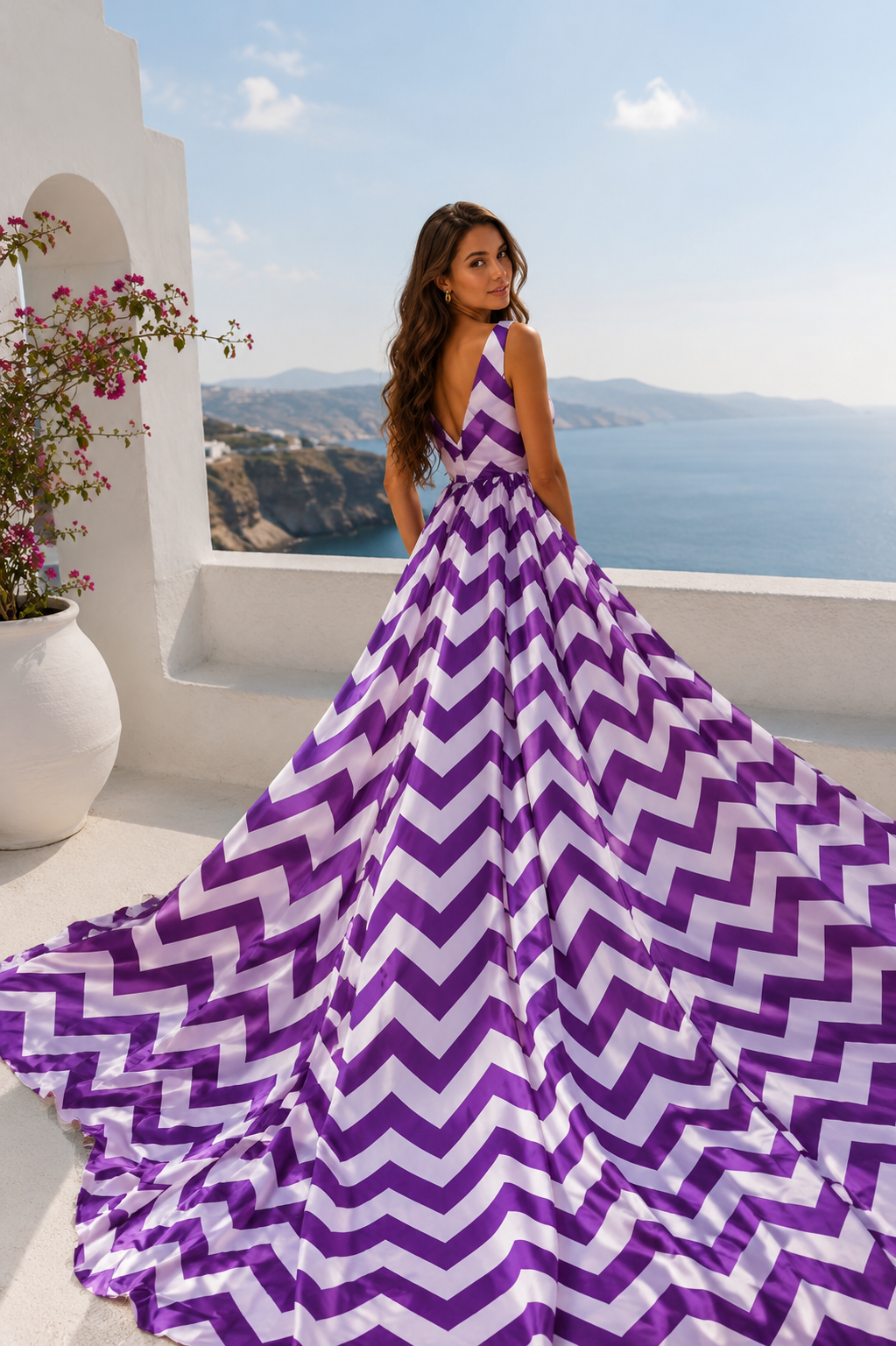 Women's Chevron Print Flowy Maxi Dress Sleeveless Beach Vacation Resort Gown with Long Train