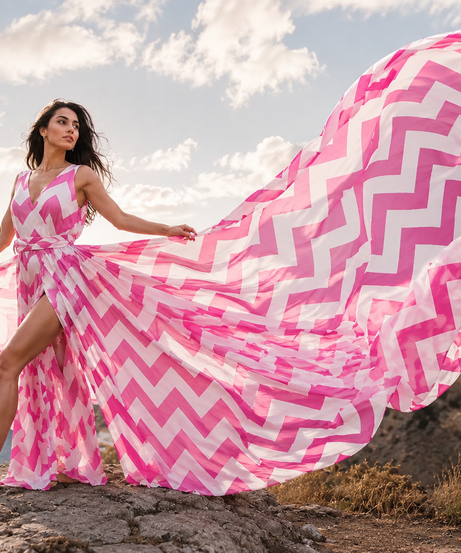 Women's Chevron Print Flowy Maxi Dress Sleeveless Beach Vacation Resort Gown with Long Train