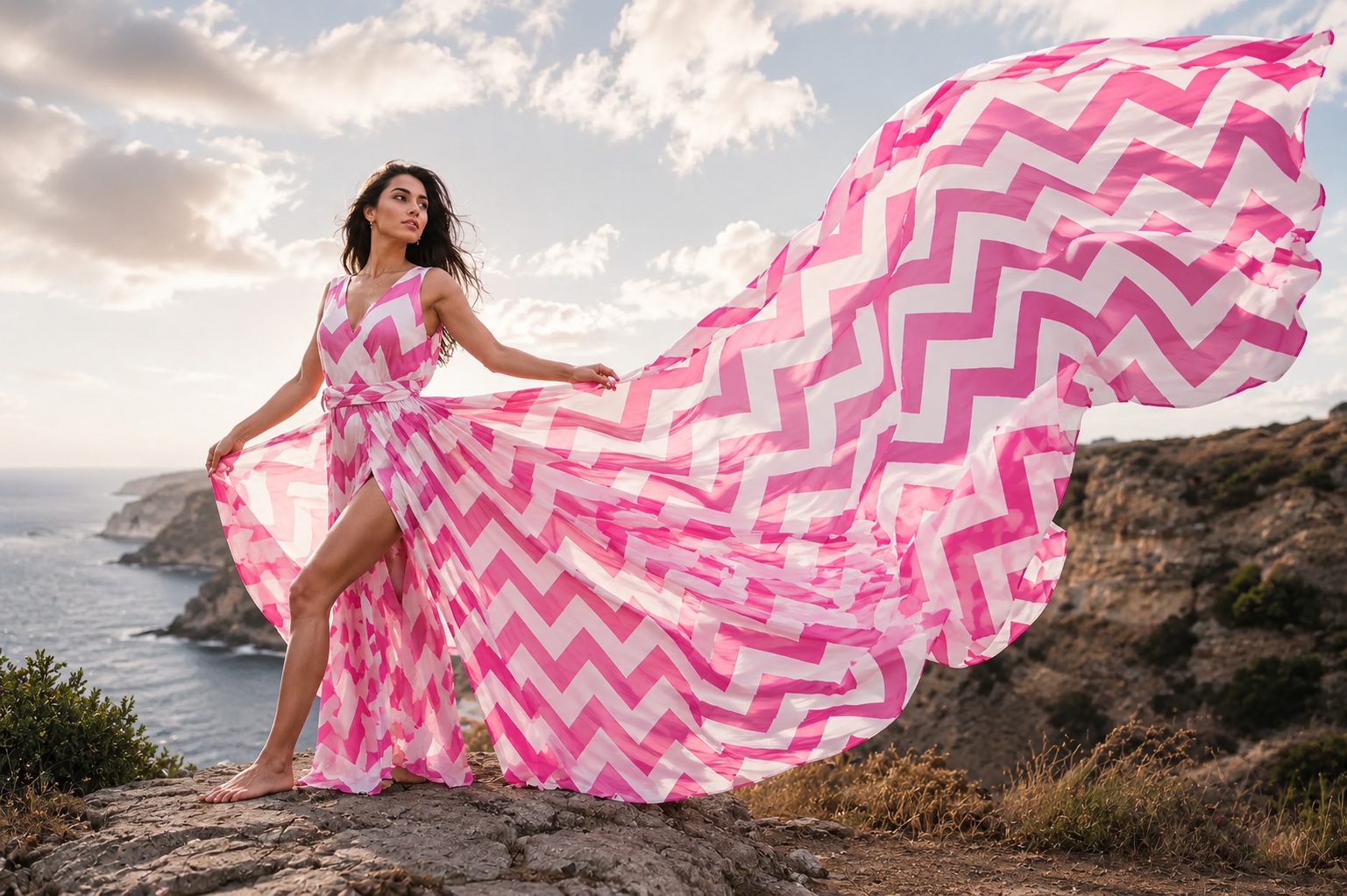 Women's Chevron Print Flowy Maxi Dress Sleeveless Beach Vacation Resort Gown with Long Train