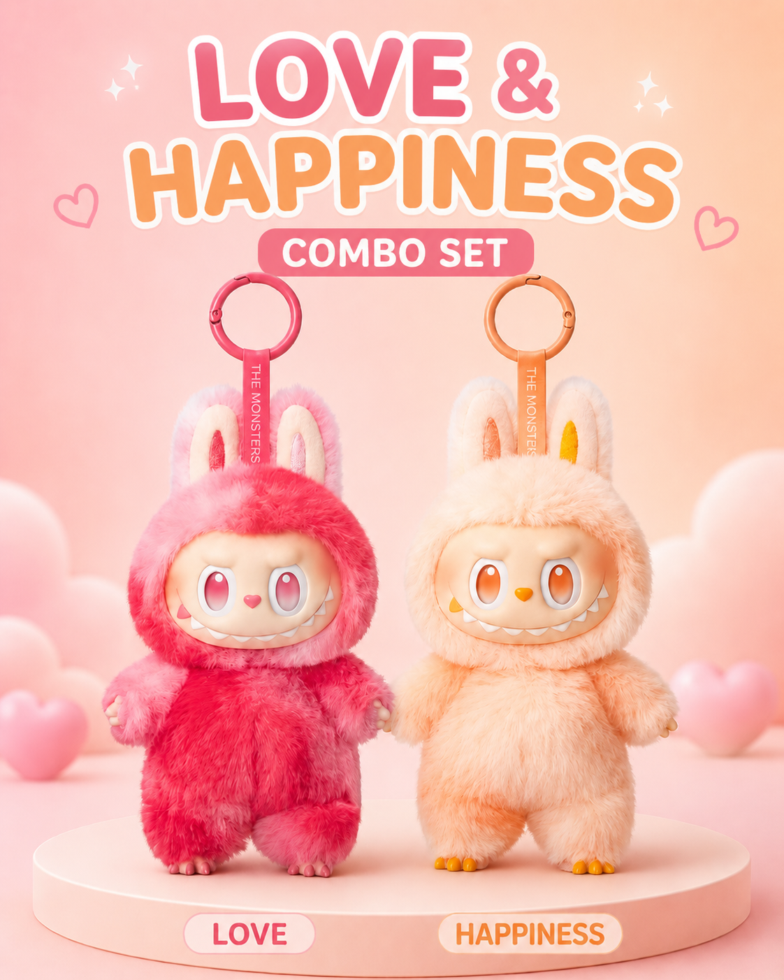 Love & Happiness Labubu Dolls – Pink and Peach Plush Bag Charms