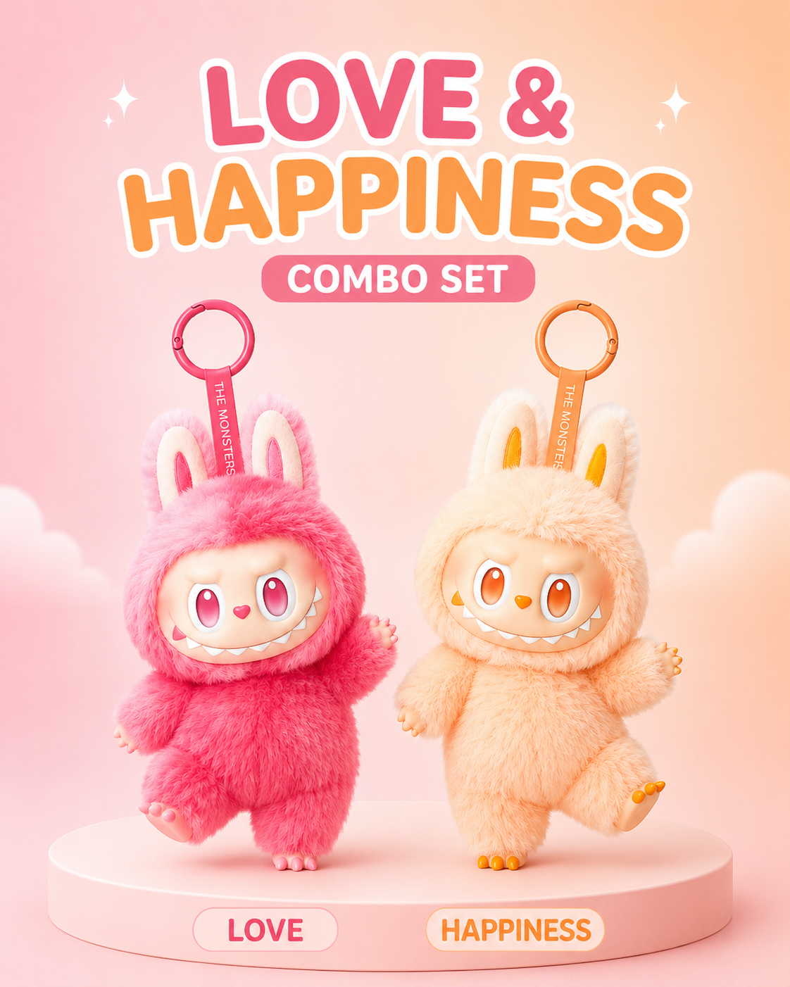 Love & Happiness Labubu Dolls – Pink and Peach Plush Bag Charms
