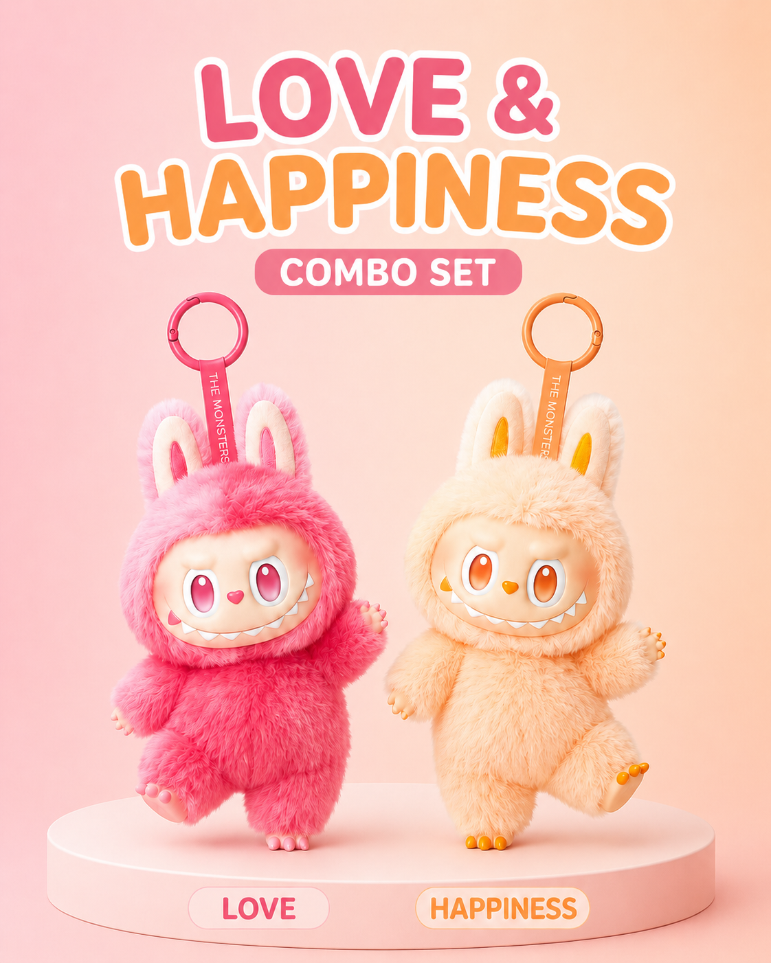 Love & Happiness Labubu Dolls – Pink and Peach Plush Bag Charms
