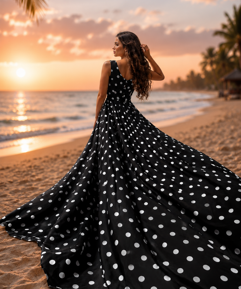 Women’s Long Tail Flying Dress Polka Dot Beach Photography Gown
