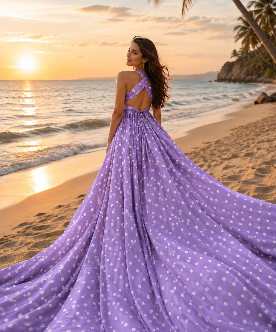 Women’s Long Tail Flying Dress Polka Dot Beach Photography Gown