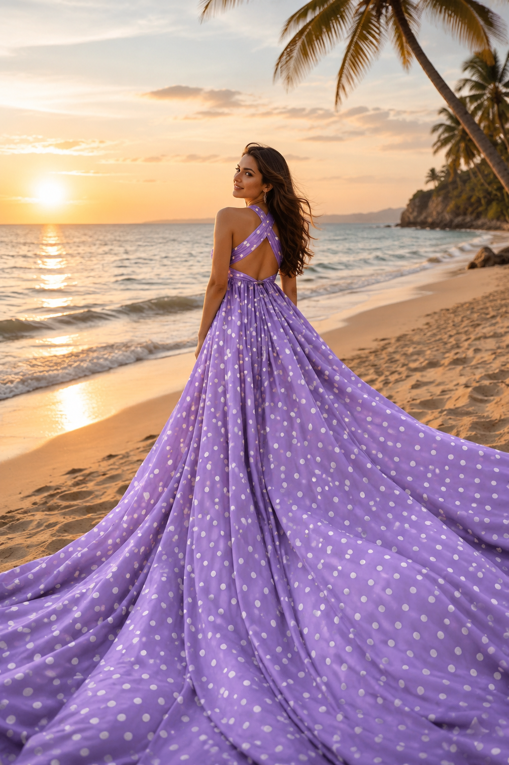 Women’s Long Tail Flying Dress Polka Dot Beach Photography Gown