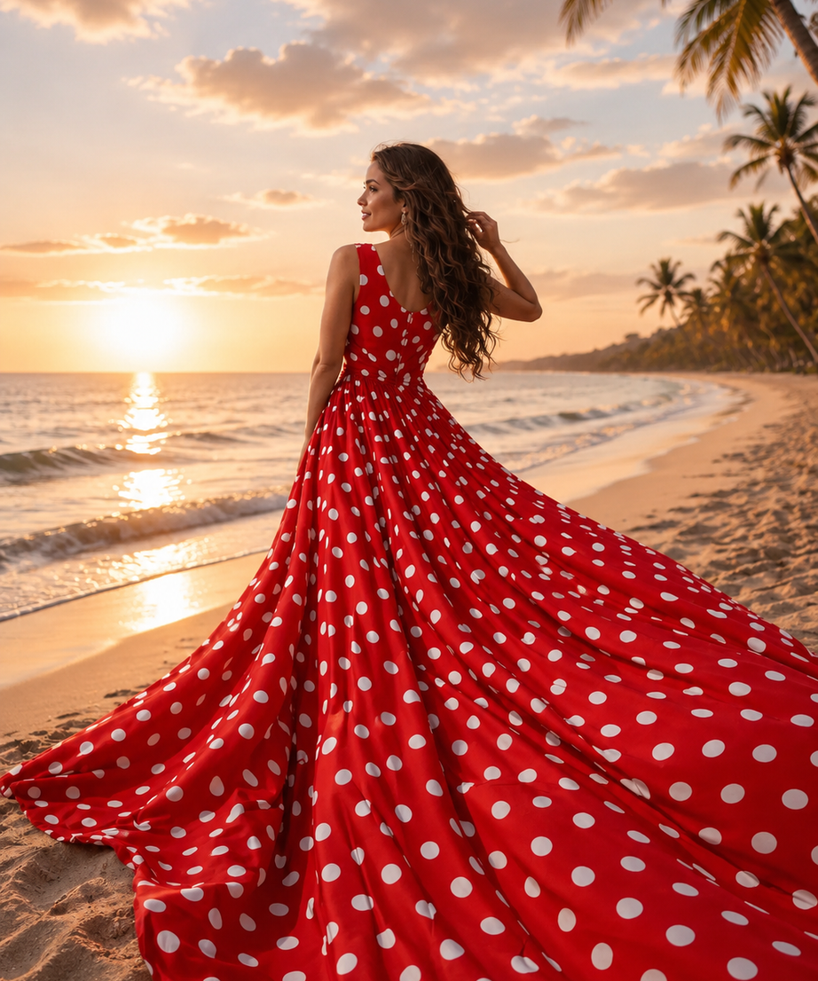 Women’s Long Tail Flying Dress Polka Dot Beach Photography Gown