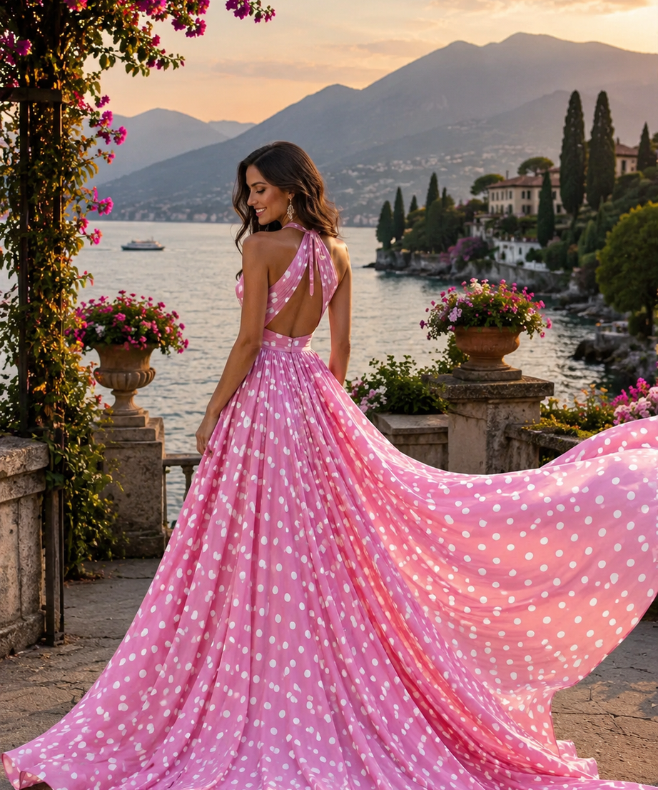 Women’s Long Tail Flying Dress Polka Dot Beach Photography Gown