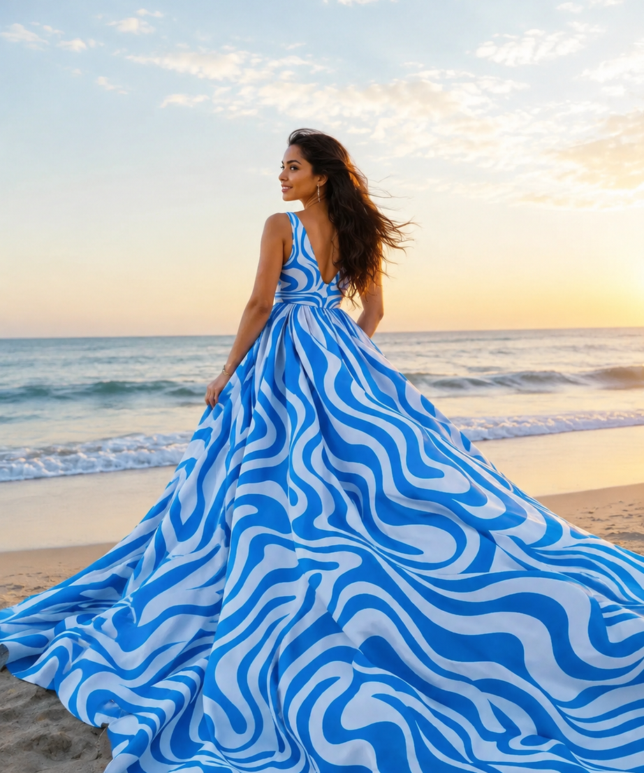 Luxury Zebra Swirl Print Flying Dress for Women, Long Train Beach Photoshoot Maxi Gown, Vacation Resort Wear
