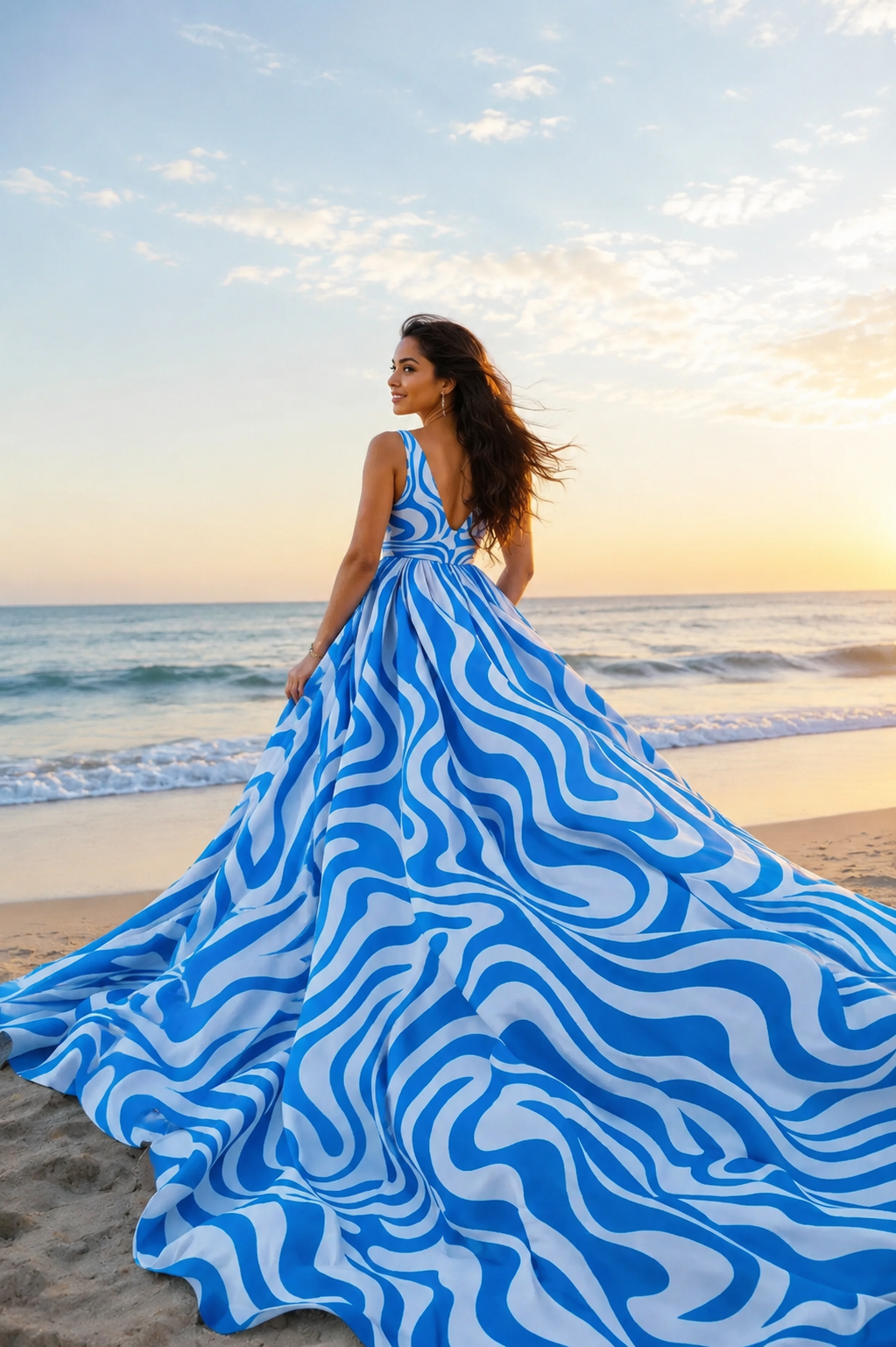 Luxury Zebra Swirl Print Flying Dress for Women, Long Train Beach Photoshoot Maxi Gown, Vacation Resort Wear