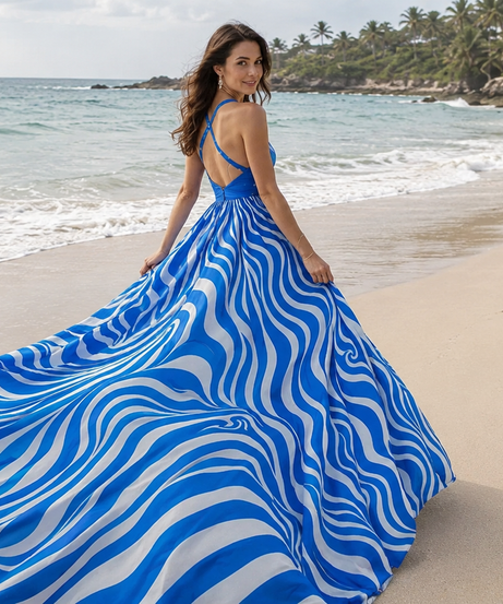Luxury Zebra Swirl Print Flying Dress for Women, Long Train Beach Photoshoot Maxi Gown, Vacation Resort Wear