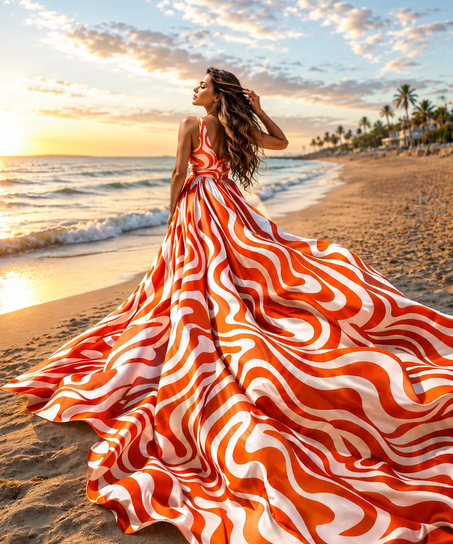 Luxury Zebra Swirl Print Flying Dress for Women, Long Train Beach Photoshoot Maxi Gown, Vacation Resort Wear