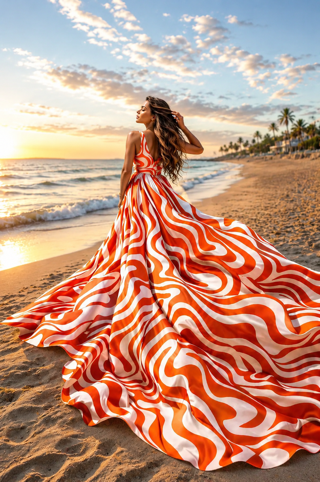 Luxury Zebra Swirl Print Flying Dress for Women, Long Train Beach Photoshoot Maxi Gown, Vacation Resort Wear