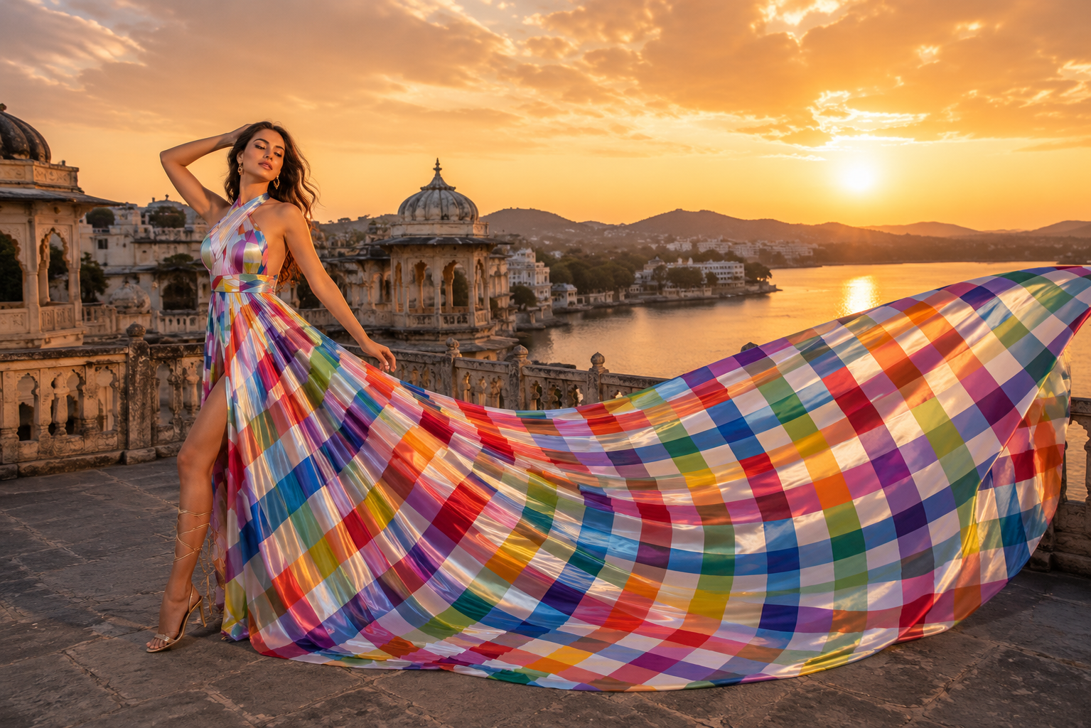 Luxury Rainbow Flying Dress Colorful Fashion Gown Overlay Women's Dress