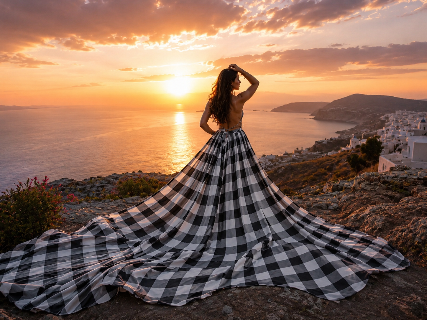 Elegant Stylish Black White Checkered Flying Dress for Women