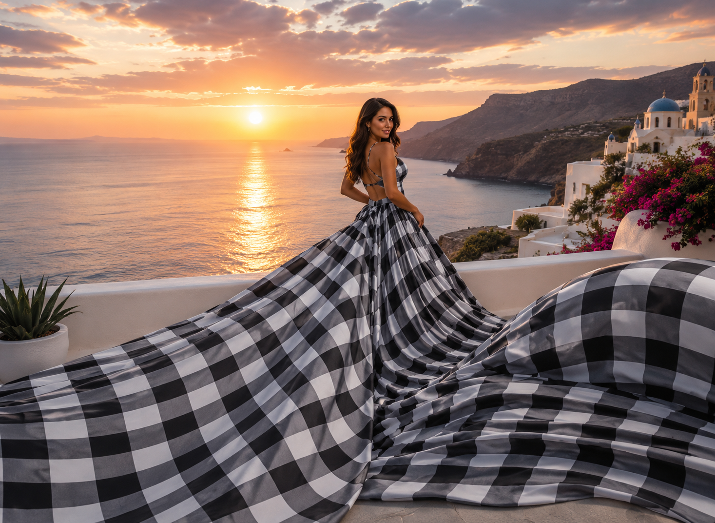 Elegant Stylish Black White Checkered Flying Dress for Women