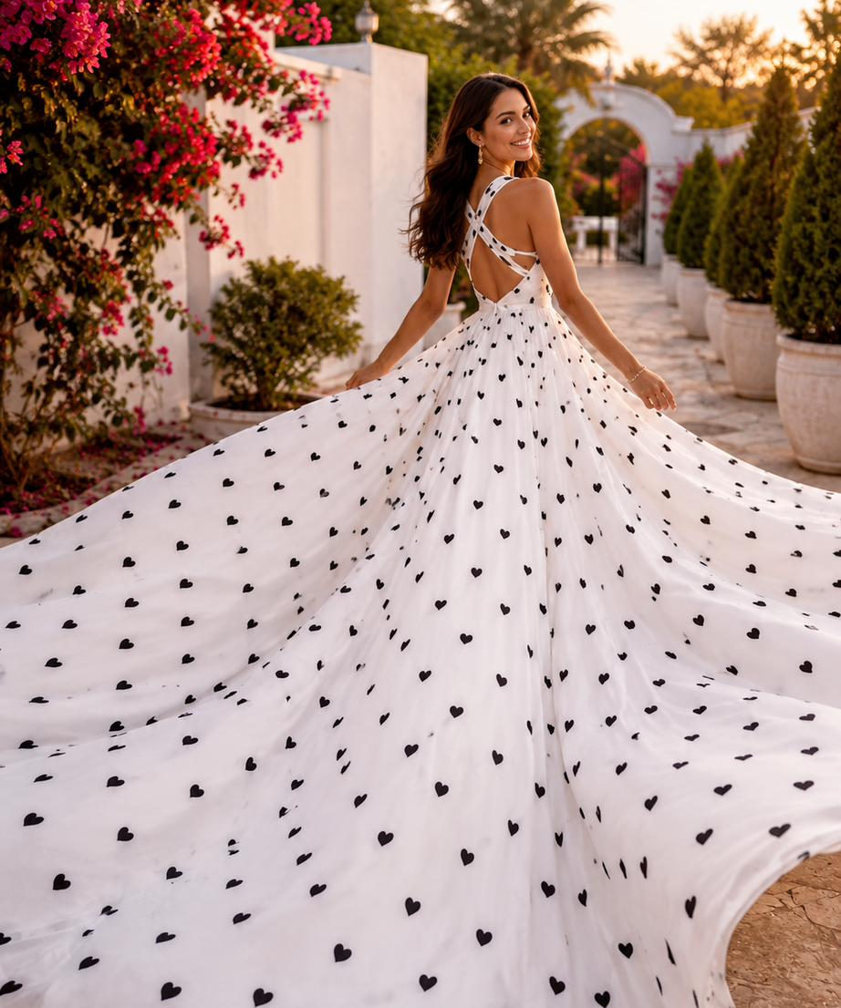 Elegant Heart Print Flying Dress, Backless White Gown with Dramatic Long Train