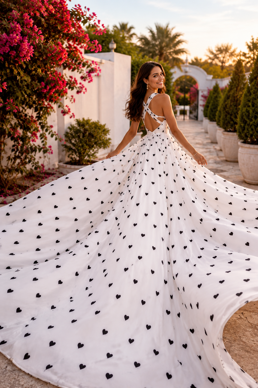 Elegant Heart Print Flying Dress, Backless White Gown with Dramatic Long Train