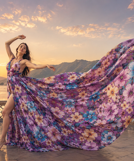 Purple Floral Flying Dress for Women Elegant Maxi Gown with Long Train for Photoshoots & Special Events