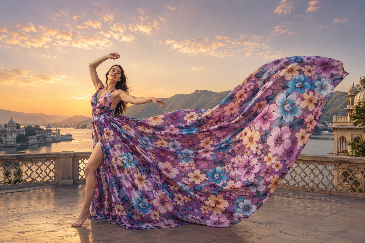 Purple Floral Flying Dress for Women Elegant Maxi Gown with Long Train for Photoshoots & Special Events