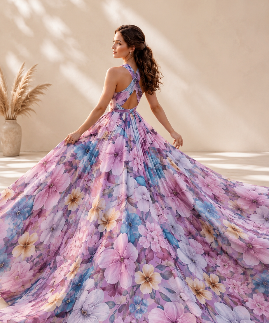 Purple Floral Flying Dress for Women Elegant Maxi Gown with Long Train for Photoshoots & Special Events