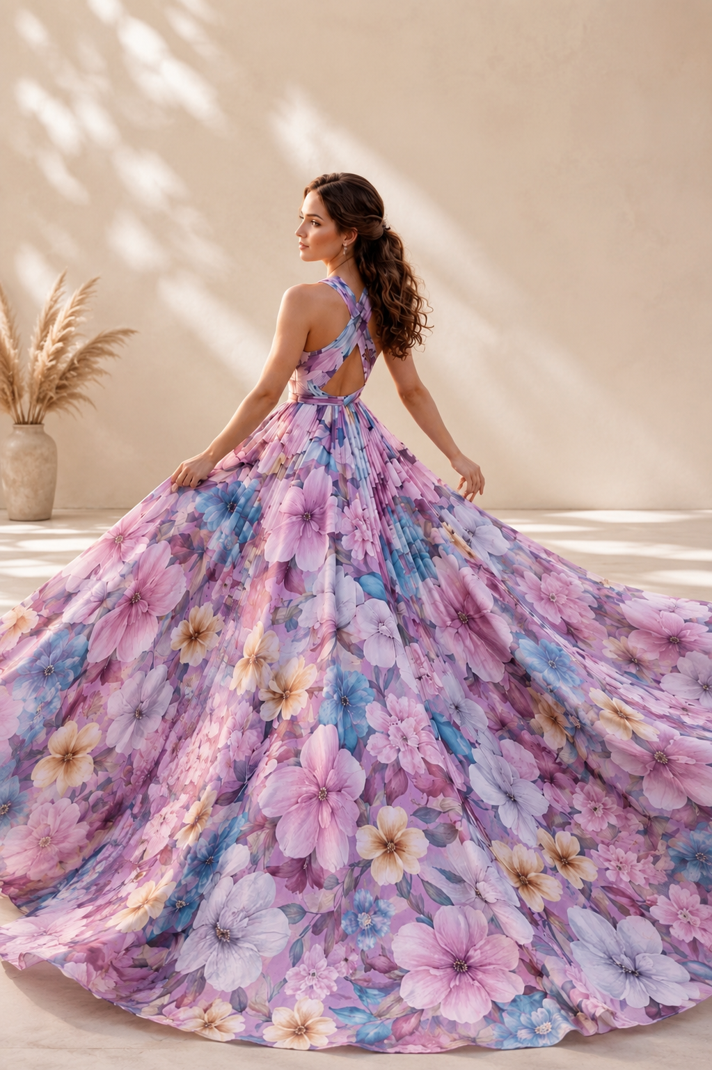 Purple Floral Flying Dress for Women Elegant Maxi Gown with Long Train for Photoshoots & Special Events