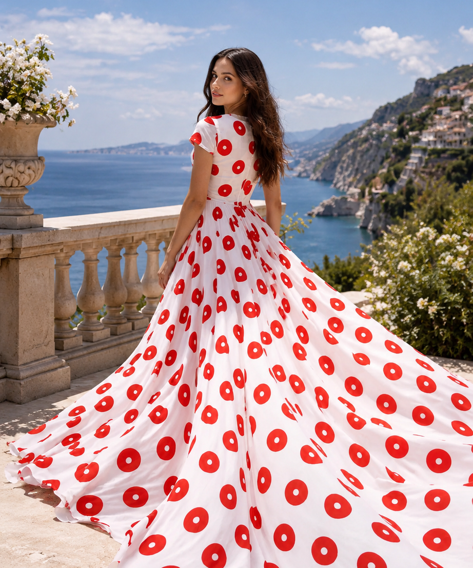 Elegant Polka Dot Maxi Dress for Women Flowy Summer Beach Vacation Gown