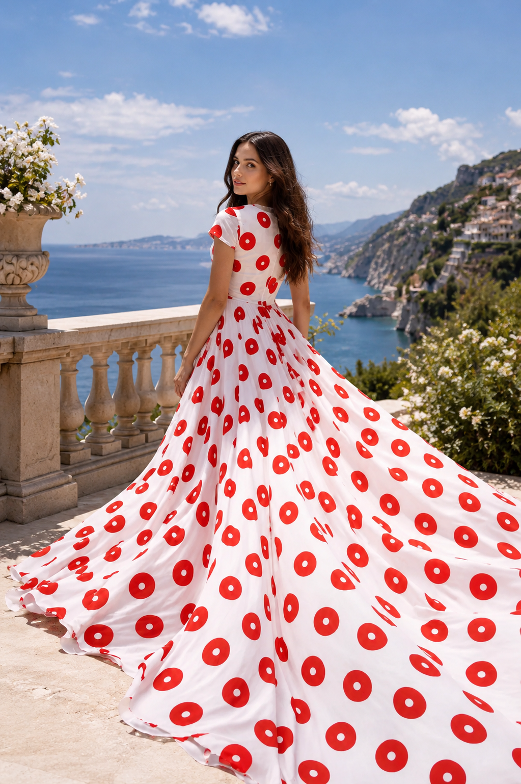 Elegant Polka Dot Maxi Dress for Women Flowy Summer Beach Vacation Gown