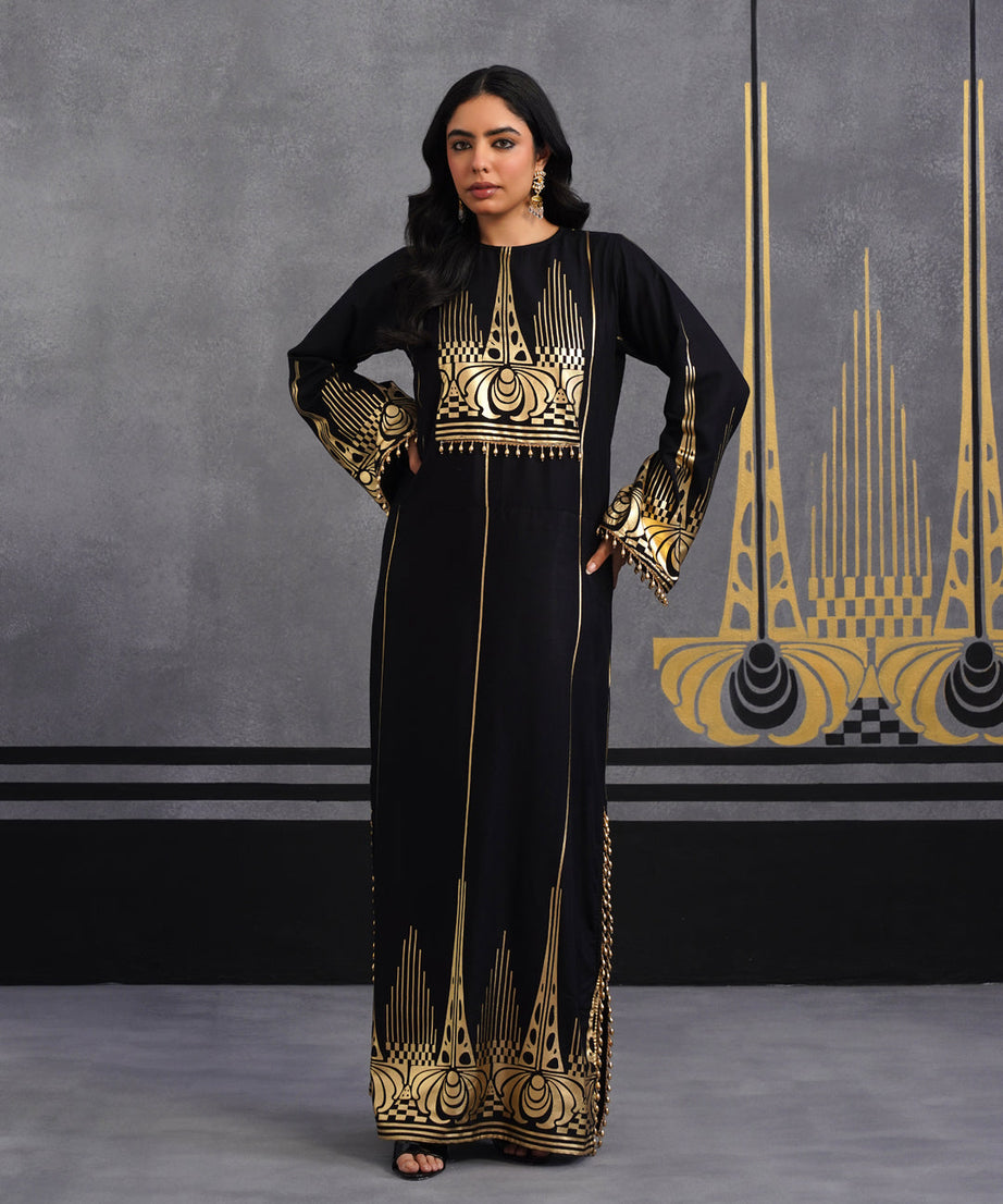 Luxury Black Gold Printed Kaftan Dress for Women