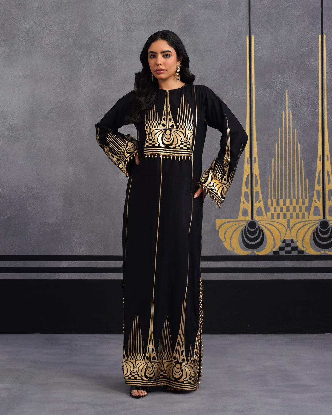 Luxury Black Gold Printed Kaftan Dress for Women