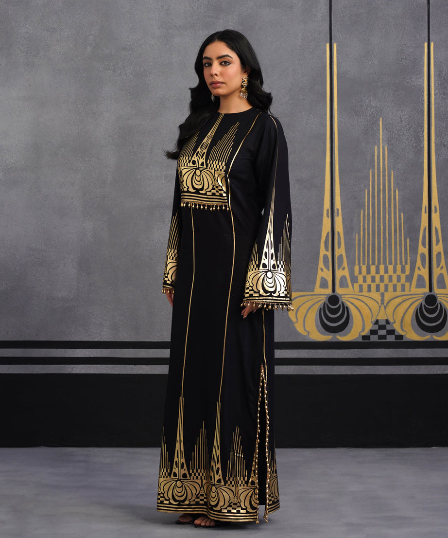 Luxury Black Gold Printed Kaftan Dress for Women