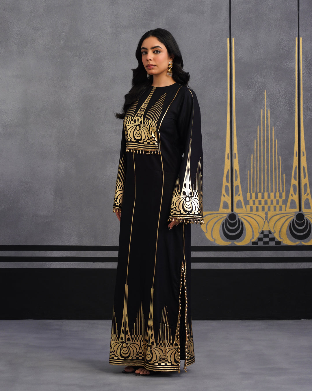 Luxury Black Gold Printed Kaftan Dress for Women