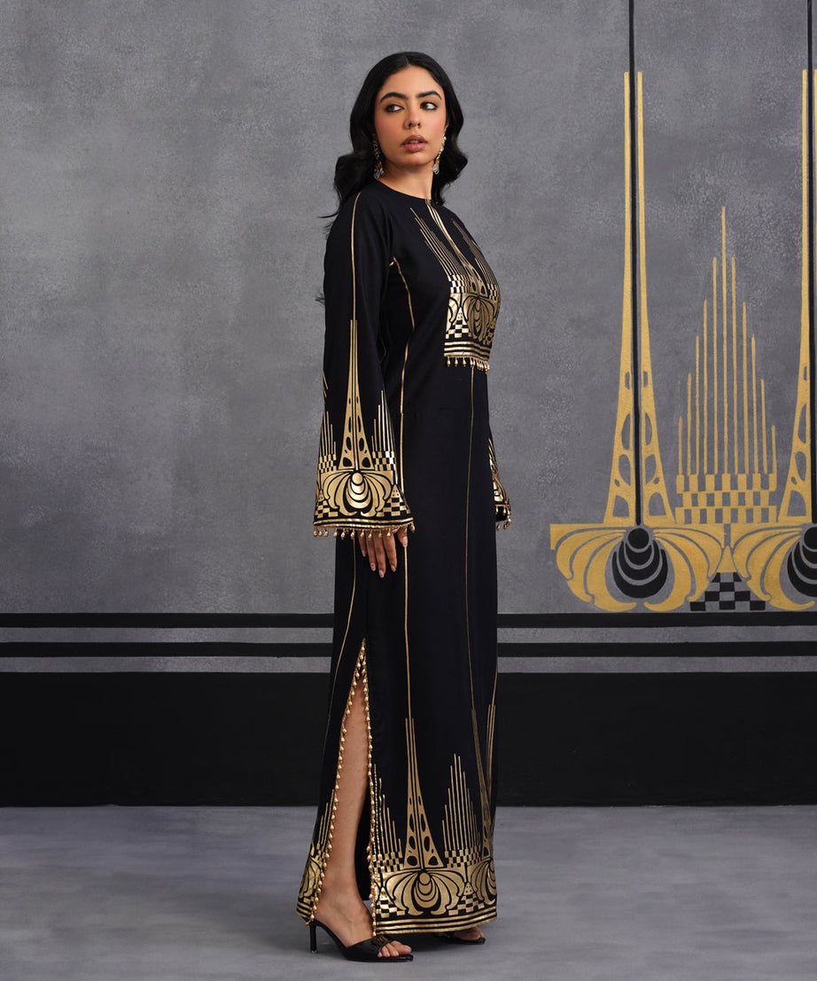Luxury Black Gold Printed Kaftan Dress for Women