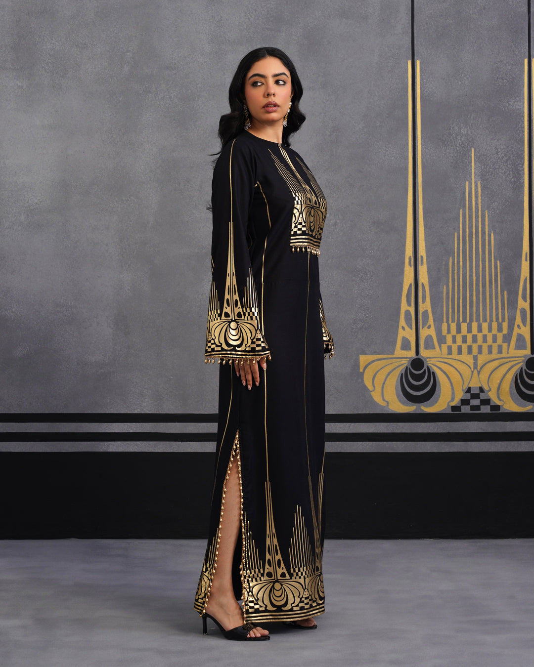 Luxury Black Gold Printed Kaftan Dress for Women