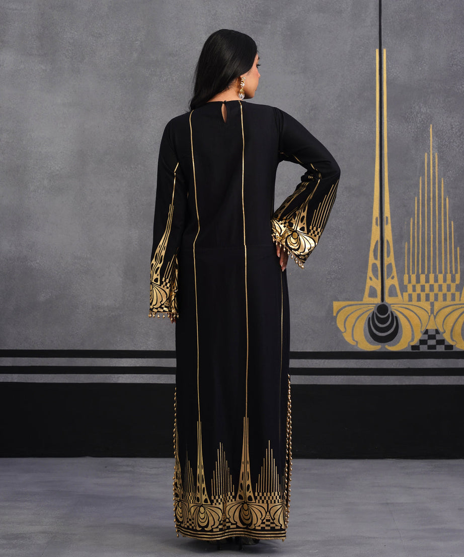 Luxury Black Gold Printed Kaftan Dress for Women