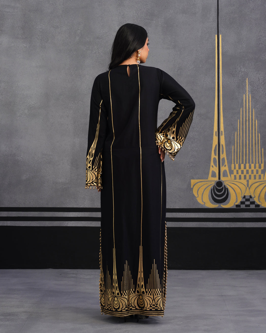 Luxury Black Gold Printed Kaftan Dress for Women