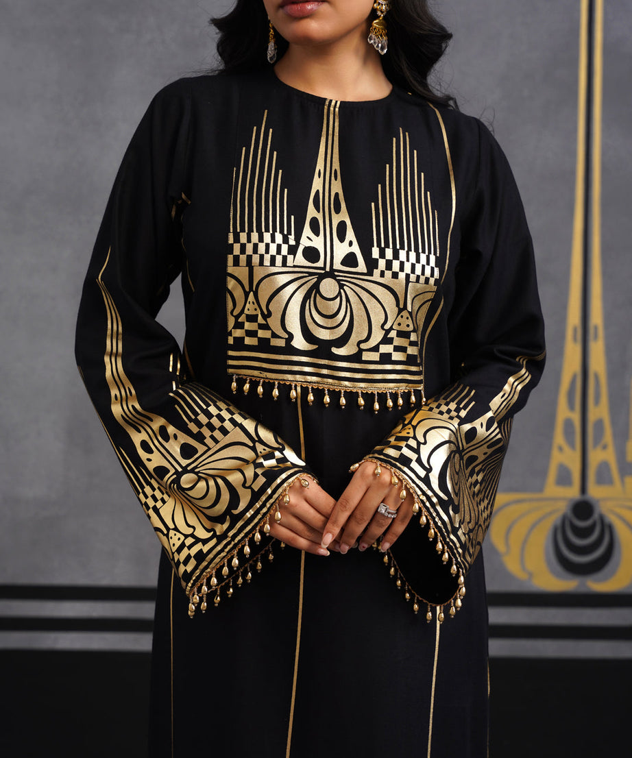 Luxury Black Gold Printed Kaftan Dress for Women