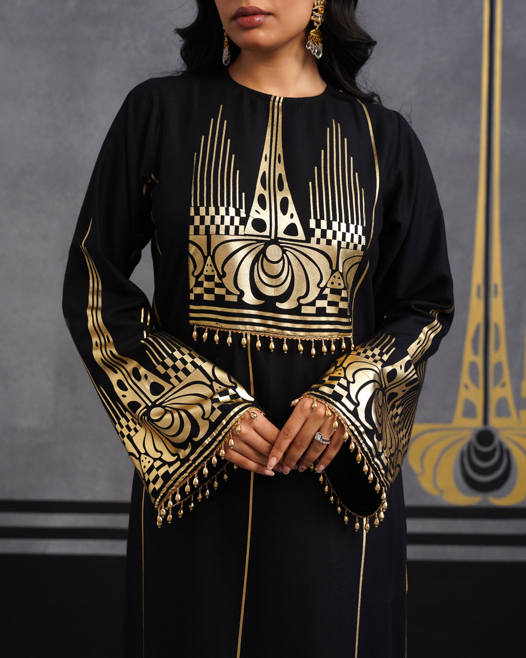 Luxury Black Gold Printed Kaftan Dress for Women